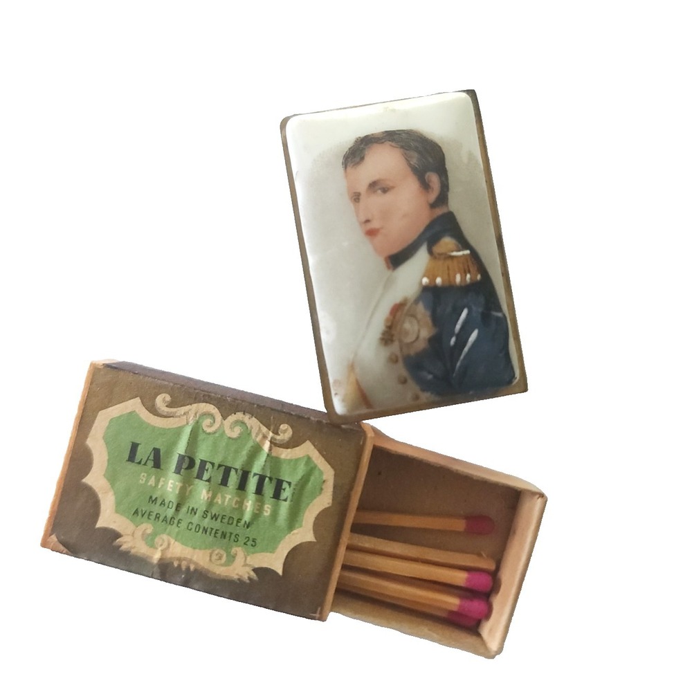 Vintage Brass and Enamel Napoleon Matchbox Holder and La Petite Matchbox